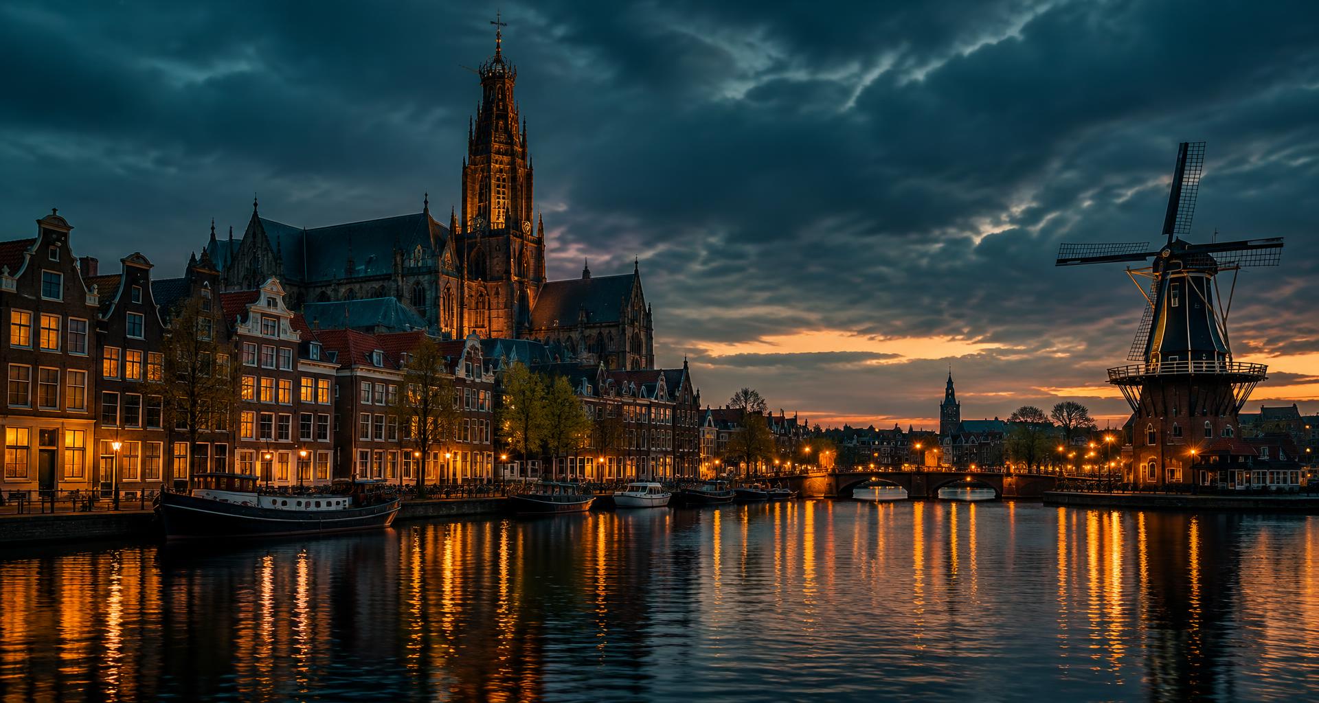 De karakteristieke historische grachtenpanden aan het Spaarne in Haarlem bij avond